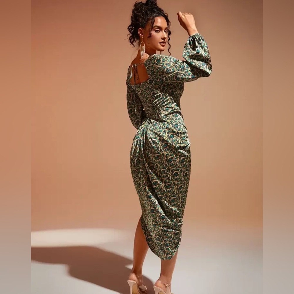 NWT SHEIN BAE Draped Collar Ruched Split Thigh Tie Back Satin Dress - Picture 2 of 9